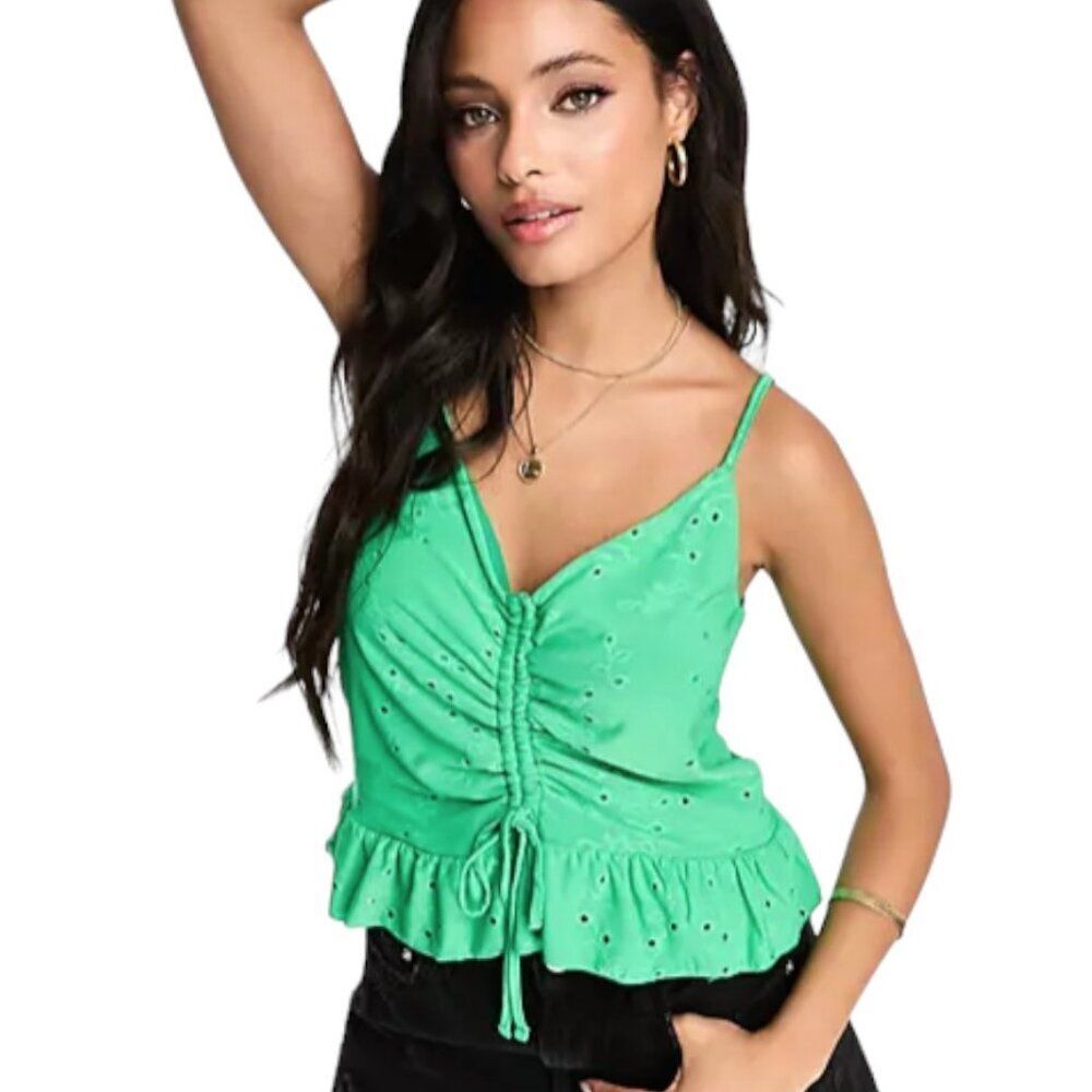 VERO MODA Eyelet Front Ruched Stretchy Cami Top Green, Medium, NWOT